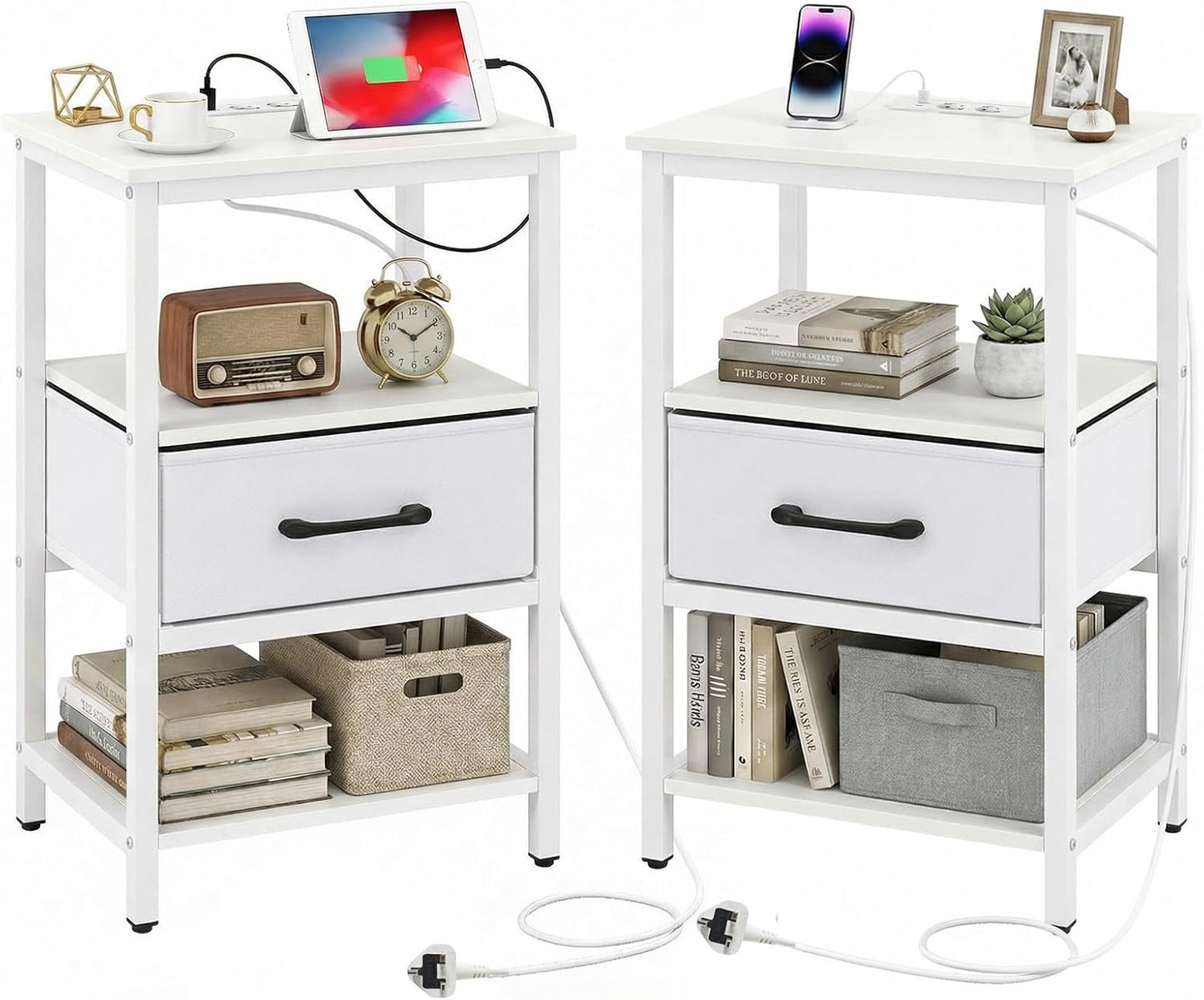 Nightstand Bedside Table with Charging Station and Drawer