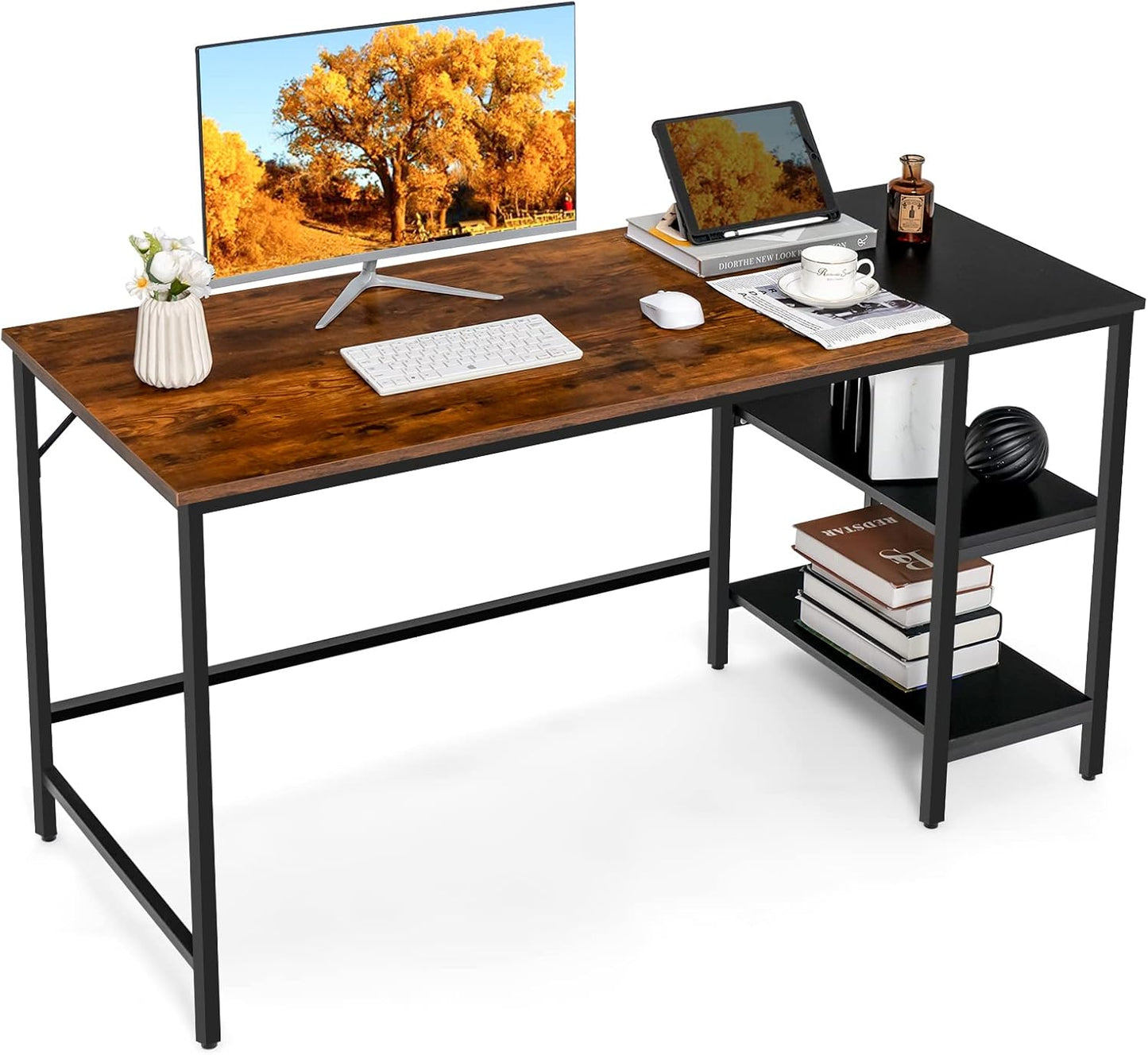 Computer Desk, 140x60x74cm Industrial Study Table Writing Workstation with Storage Shelf