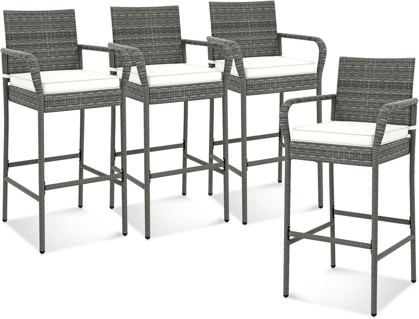 All Weather Outdoor Wicker Bar Stools Set with Soft Seat Cushions