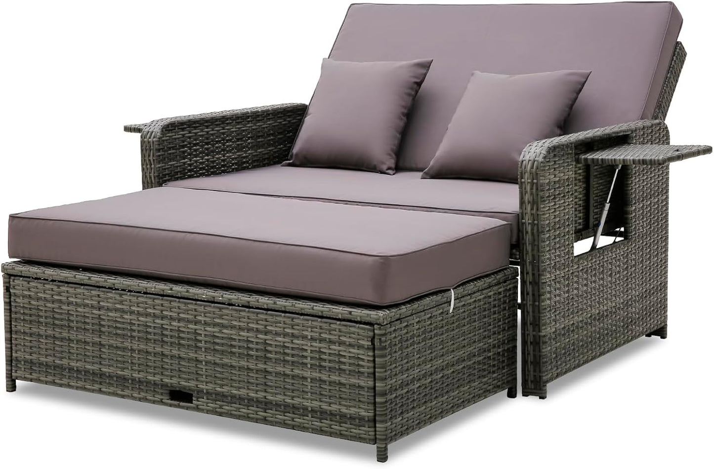 Patio Rattan Daybed Set with Multipurpose Ottoman and Retractable Side Tray