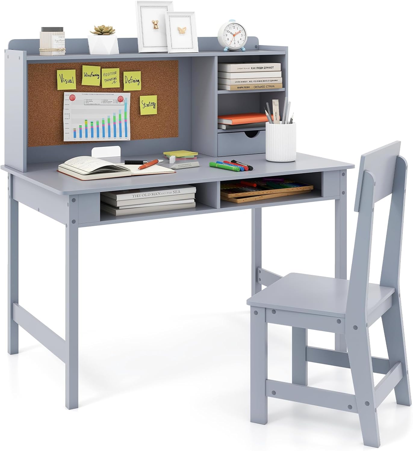 Kids Study Desk and Chair Set Wooden Students Writing Table