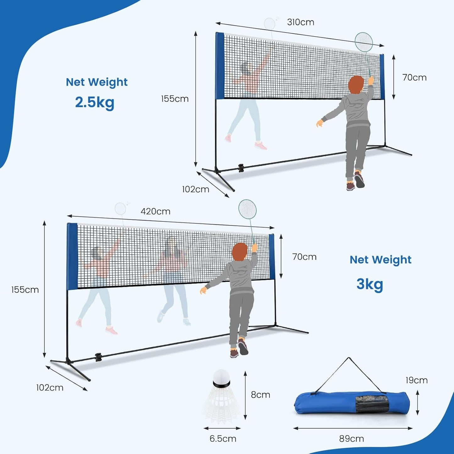 3.1m/4.2m Badminton Net, Height Adjustable Outdoor Sports Net with 2 Shuttlecocks and Carry Bag