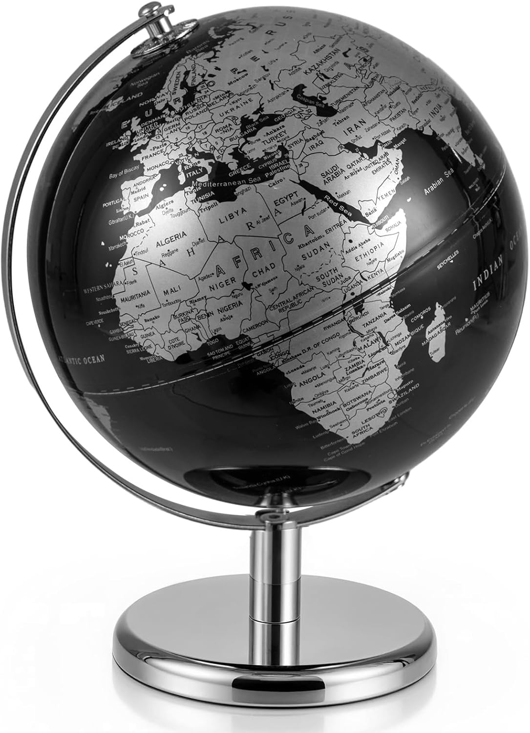 20CM Rotating Metallic Black World Globe with Metal Stand for Home School