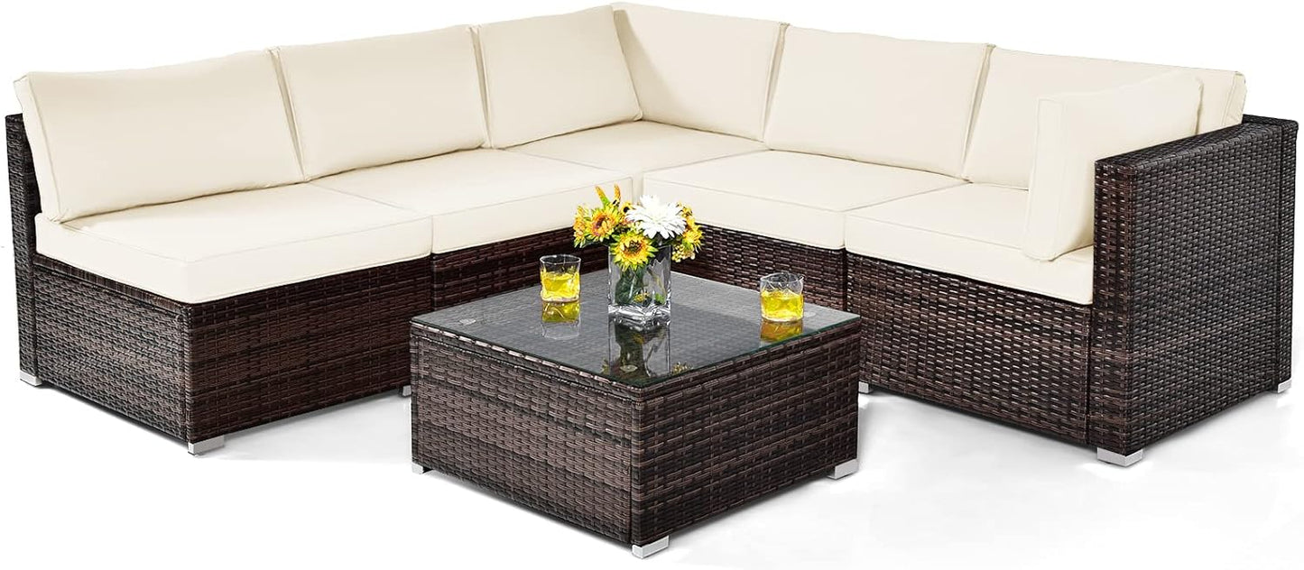 6 PCS Corner Patio Conversation Sofa Set with Tempered Glass Table and Cushions