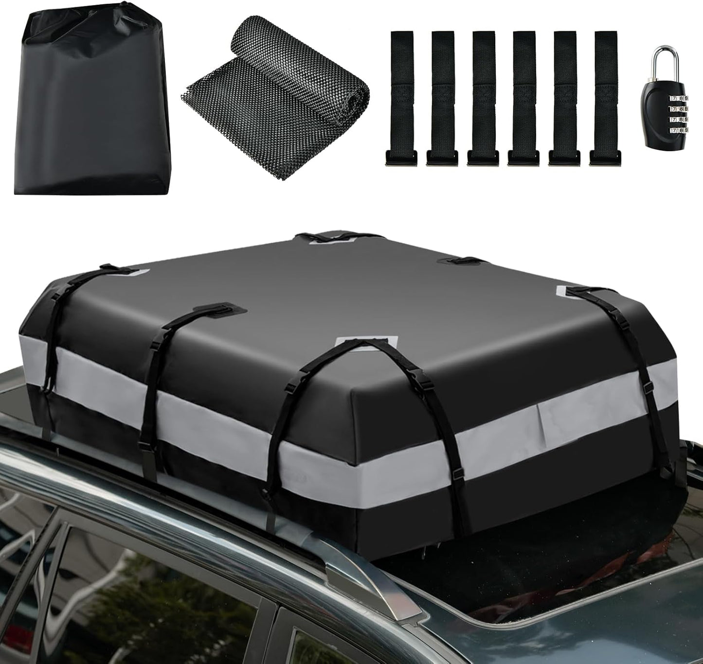 GiantexUK 15 Cubic Feet Car Roof Bag, Waterproof Cargo Top Carrier with Non-Slip Mat, Combination Lock, 6 Door Hooks & Straps