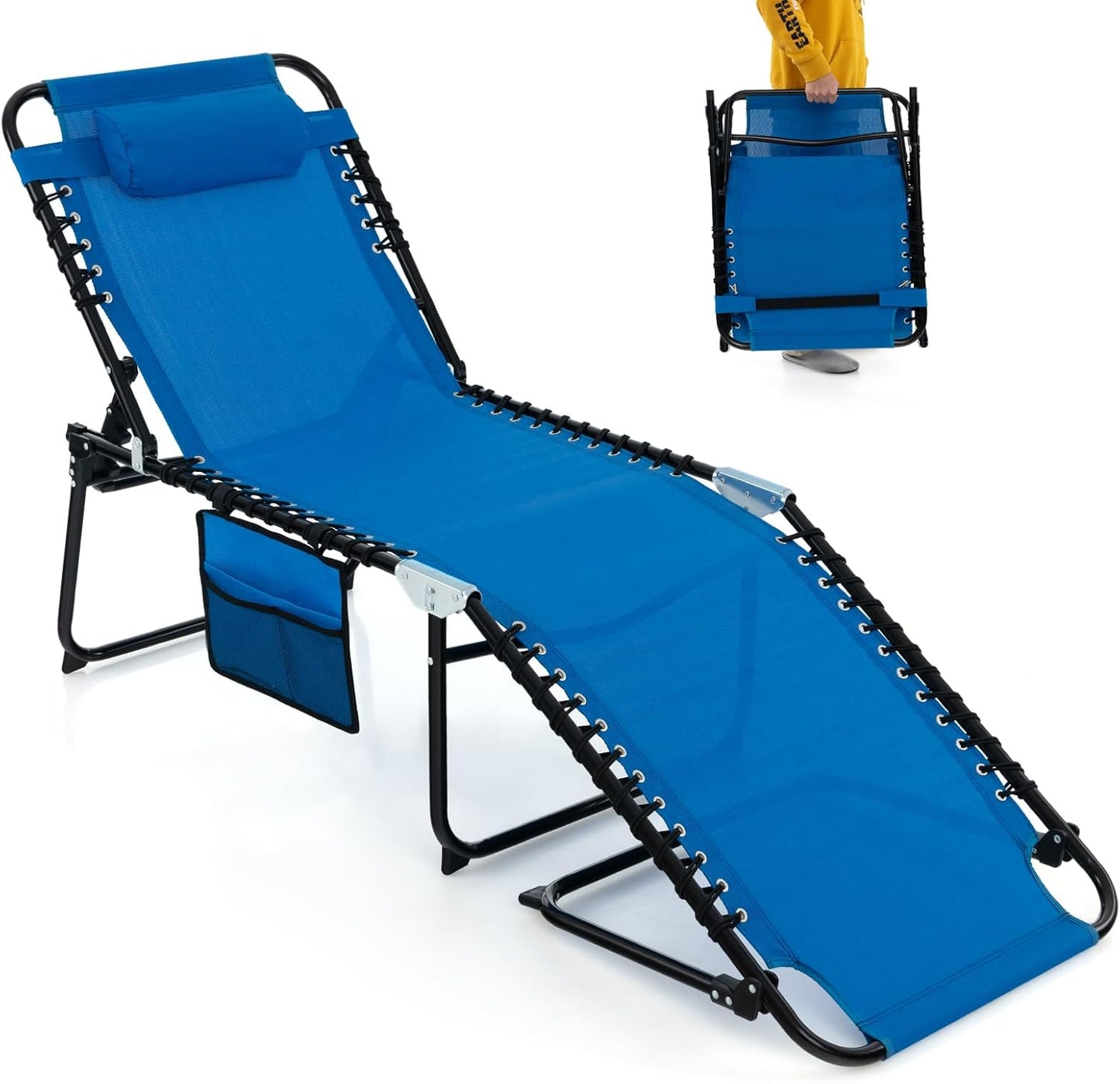 4-Level Adjustable Garden Reclining Chaise Lounge Chair Sunbed with Pillow & Side Pocket