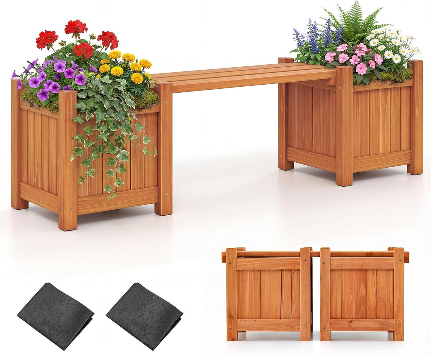 3-in-1 Wooden Planter with Bench, Raised Garden Bed with Seat and Open-ended Bottom