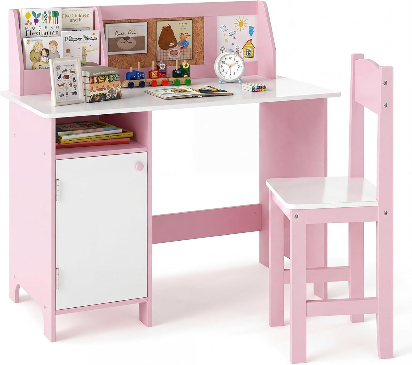 Kids Desk and Chair Set, Wooden Children Study Table with Storage Cabinet, Cork Board