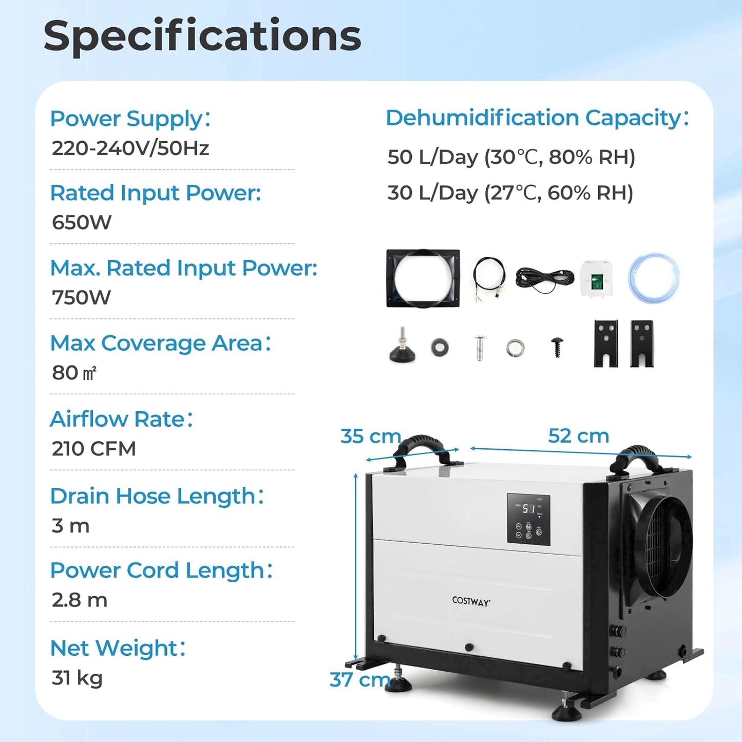 50/70/80L/Day Crawl Space Dehumidifier with 3 Modes and 24H Timer