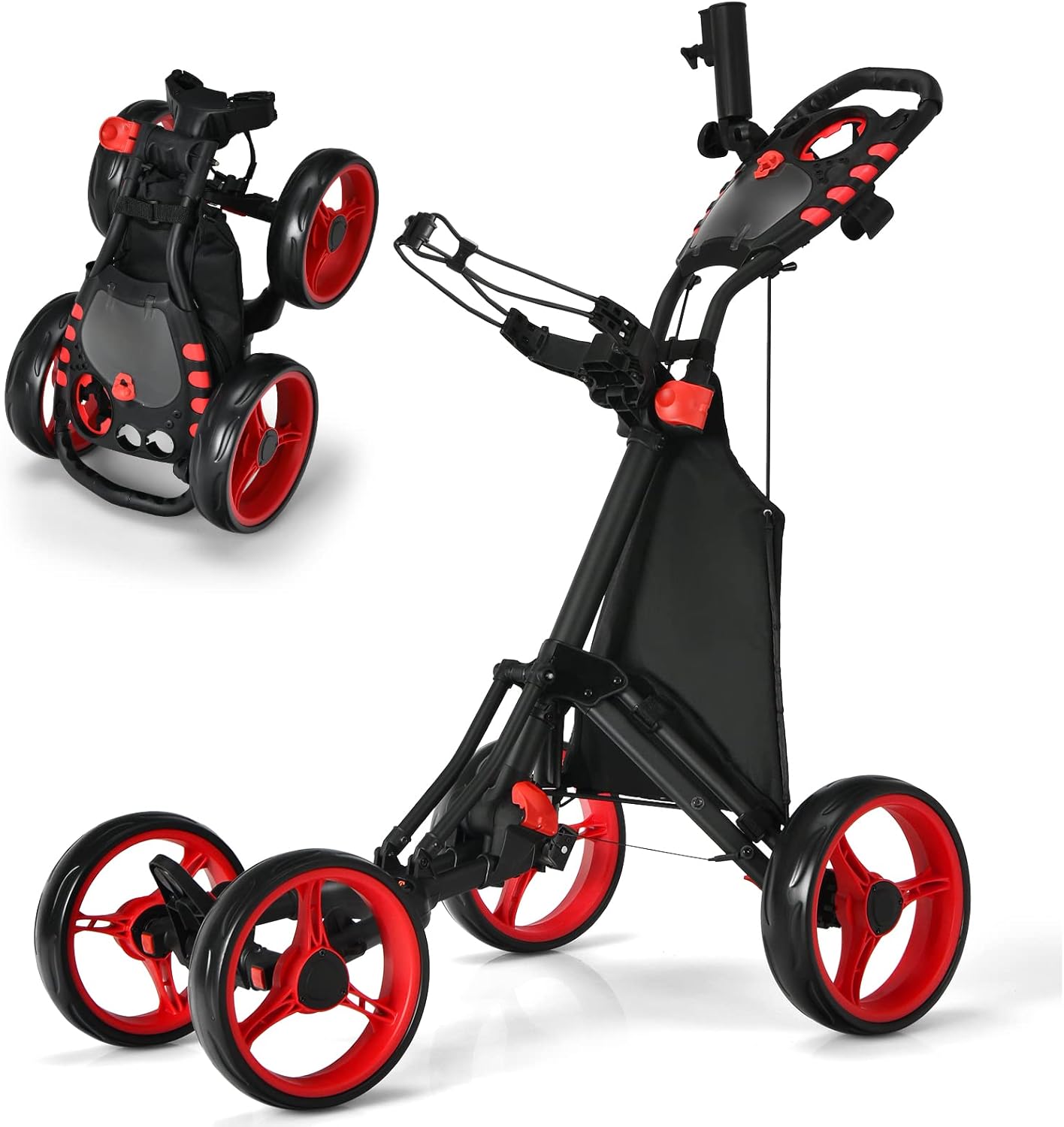4 Wheel Golf Trolley, Lightweight Folding Golfs Push Pull Cart with Adjustable Height Handle