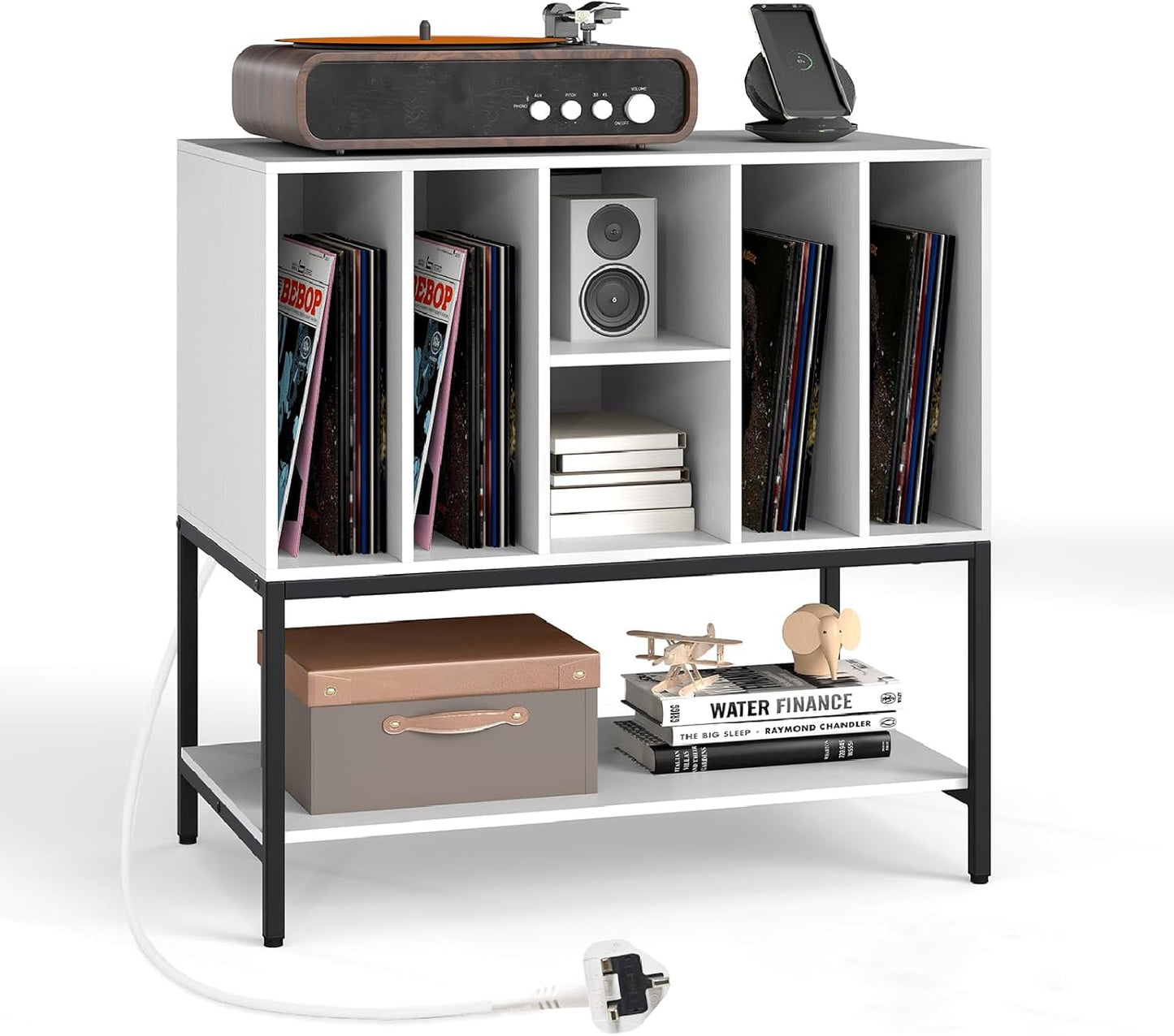 Record Player Stand with Charging Station for Living Room
