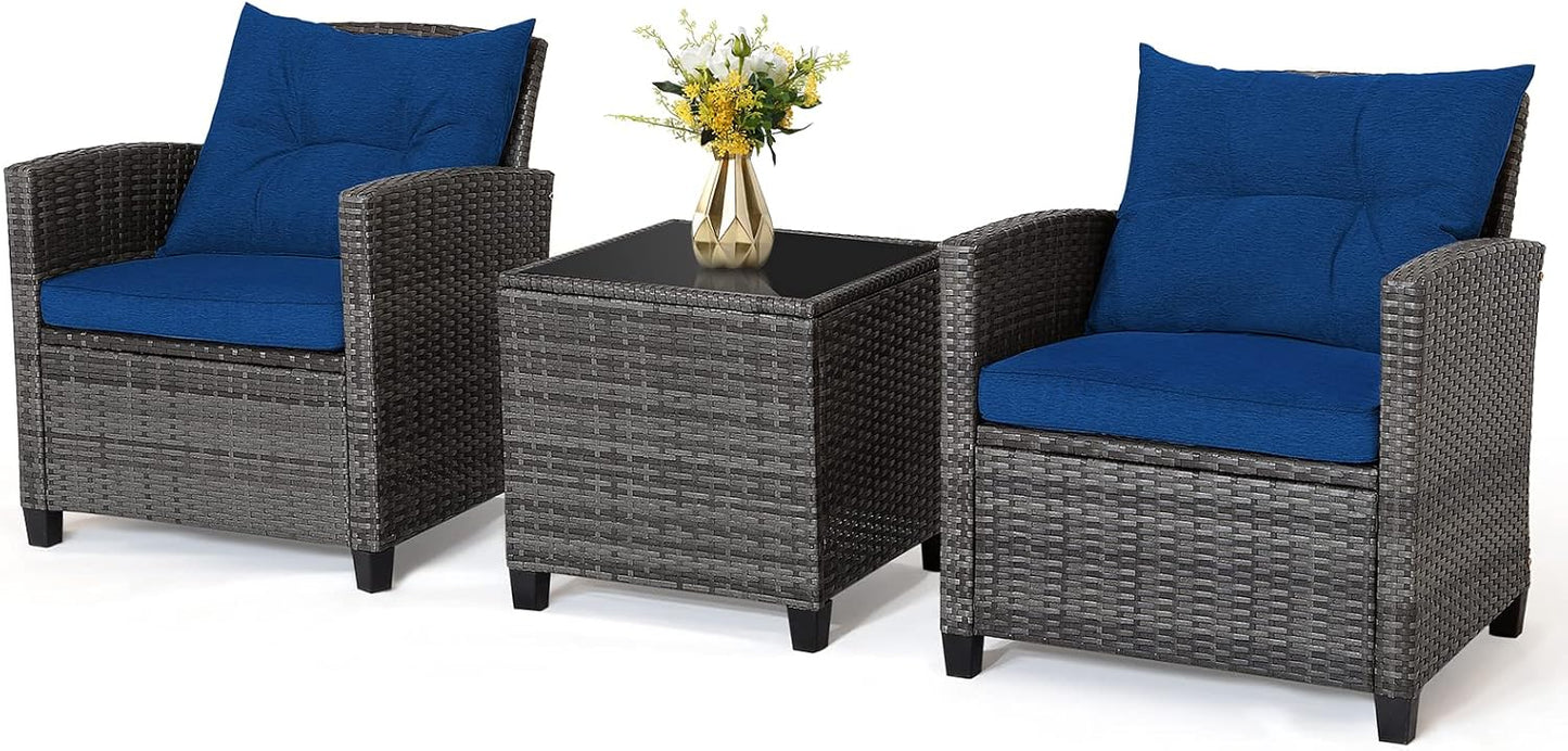 3 Pieces Metal Frame Garden Coffee Table and Sofa Chairs Set with Cushions