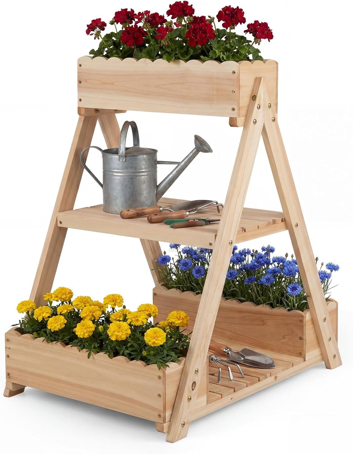 3 Fir Wooden Planter Boxes with Open Storage Shelf and 3 Drainage Holes