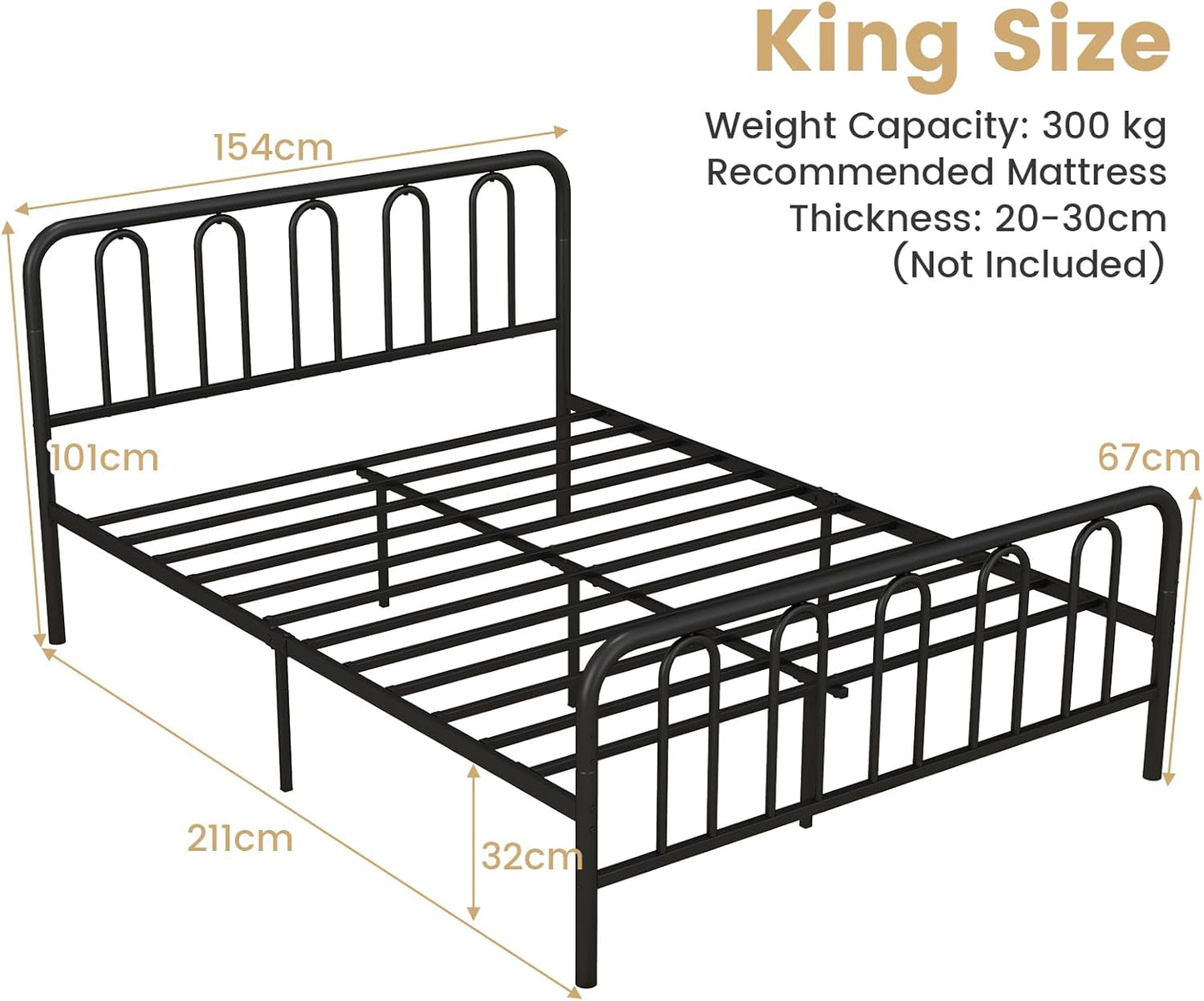 Double/King Size Metal Bed Frame, 4FT6/5FT Platform Bed Frame with Headboard