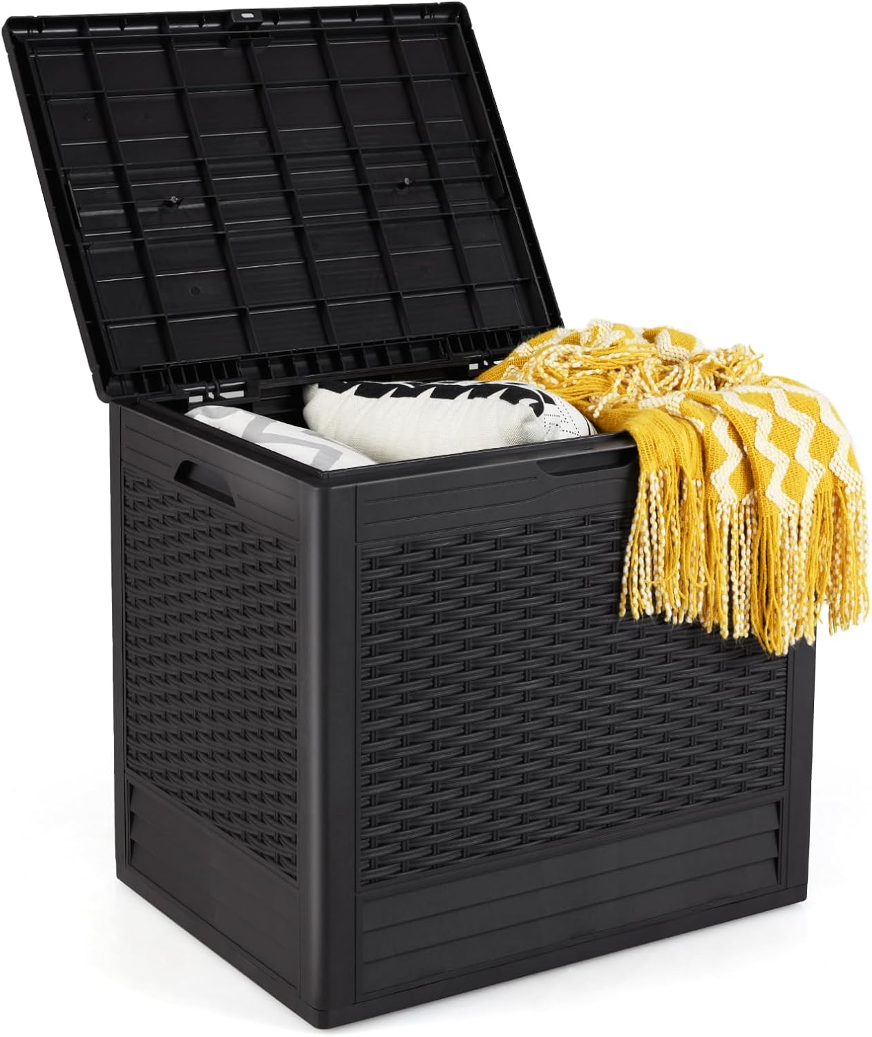 96 L Outdoor Storage Box with Rattan Patterns and Lockable Lid