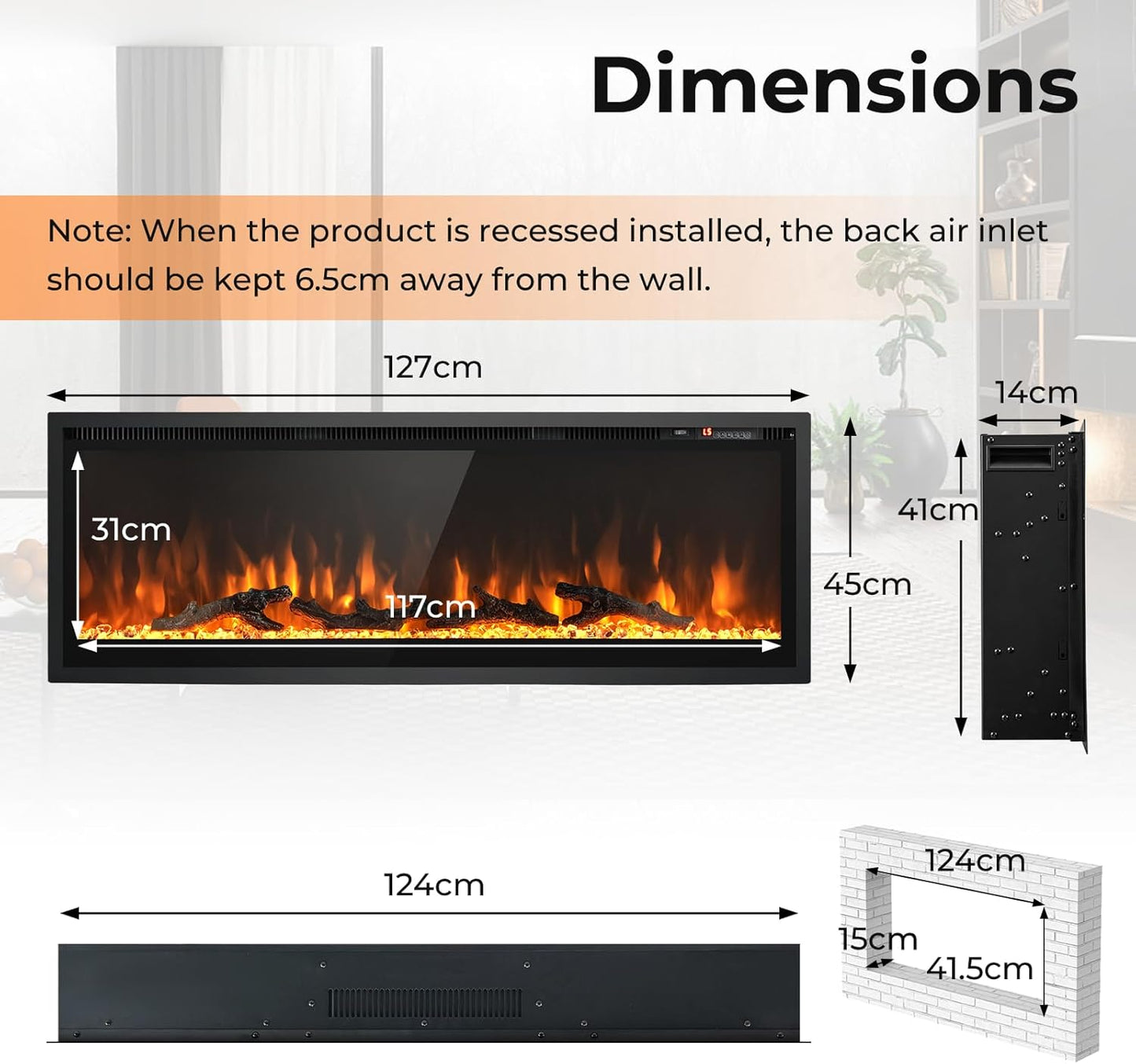 Linear Electric Fireplace with Log and Crystal Decor and Remote Contro