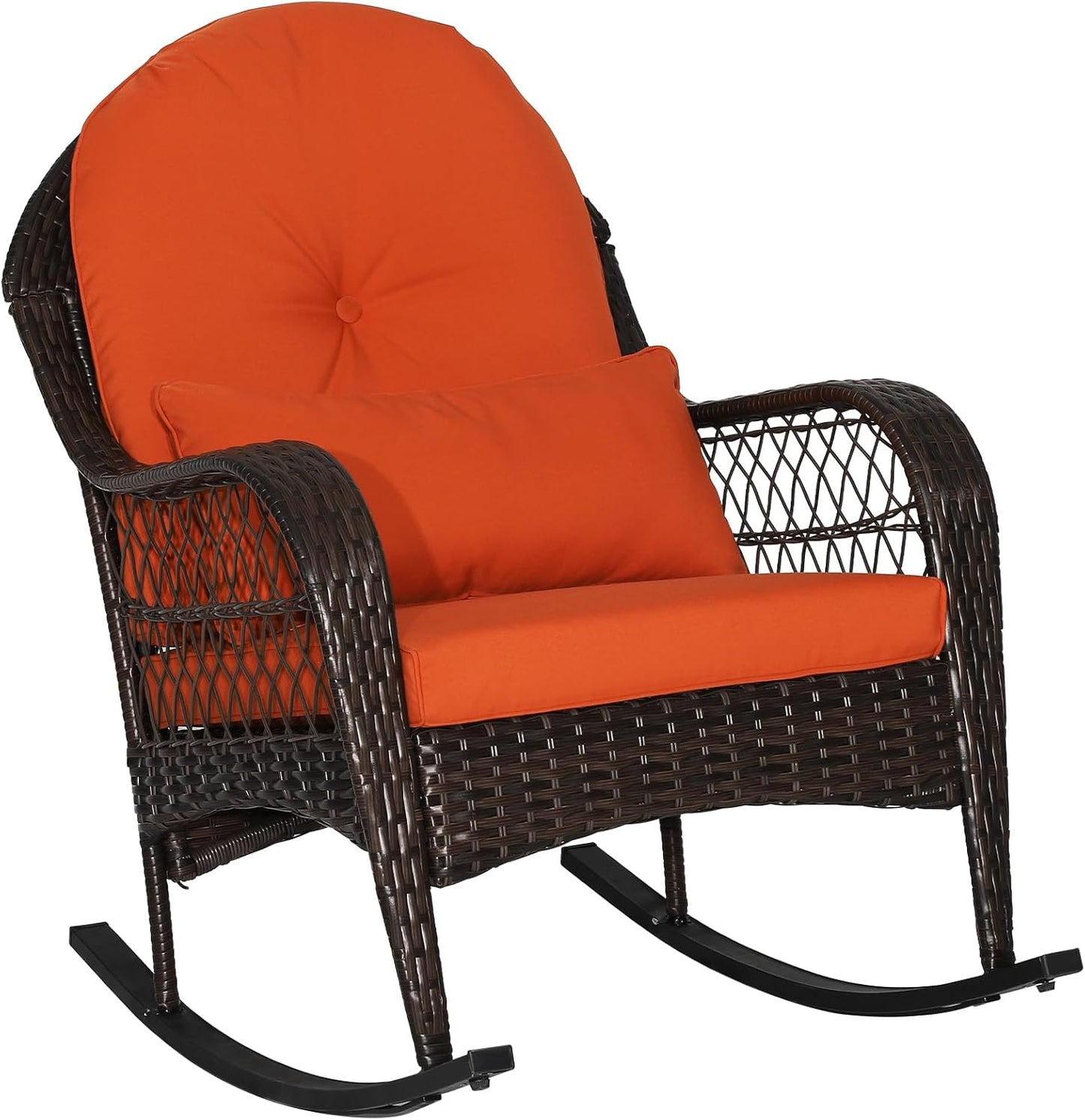 Wicker Rocking Armchair Relax Rocker Lounge Chair with Lumbar Pillow & Cushion