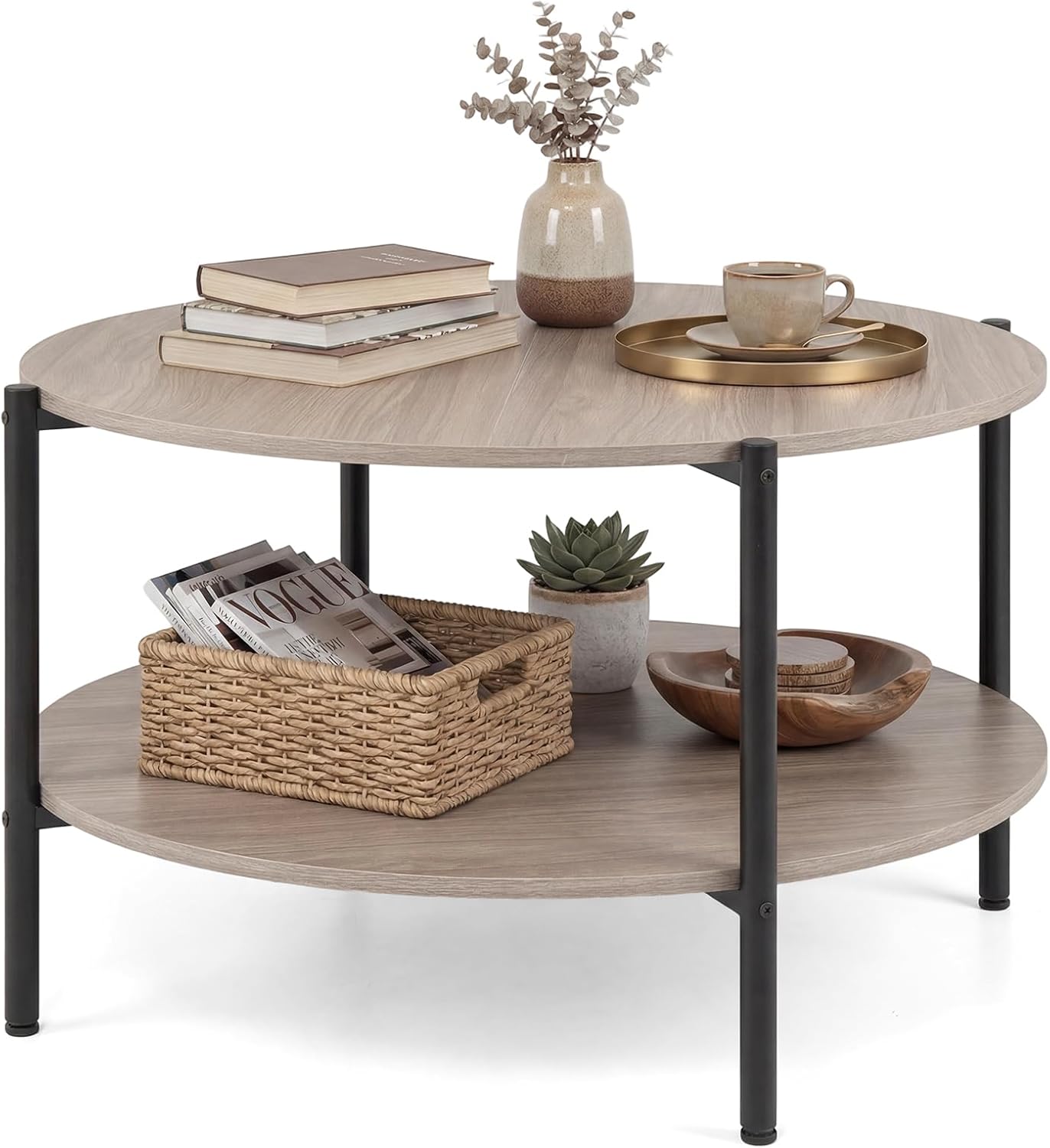 2-Tier Industrial Round Coffee Table with Open Storage Shelf