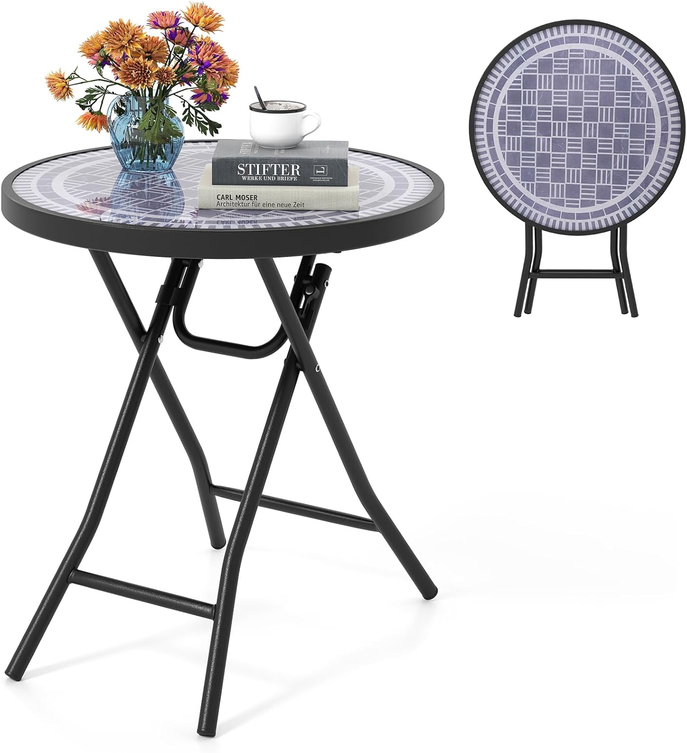 46cm Round Tempered Glass Top Small Garden Table