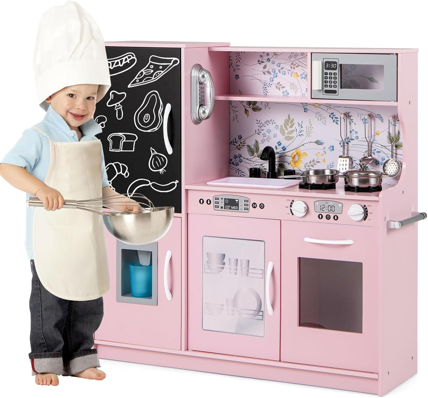 Kids Play Kitchen, Wooden Children Pretend Kitchen with Ice Maker