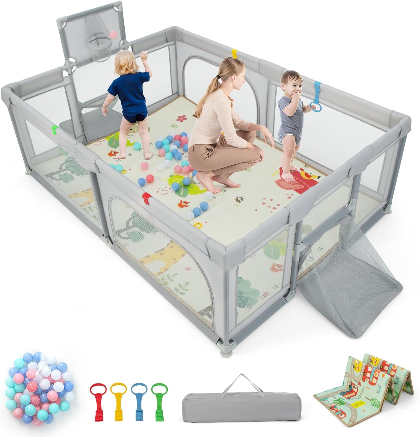Toddler Mesh Play Pen with Mat, Pull Rings, Basketball Hoop