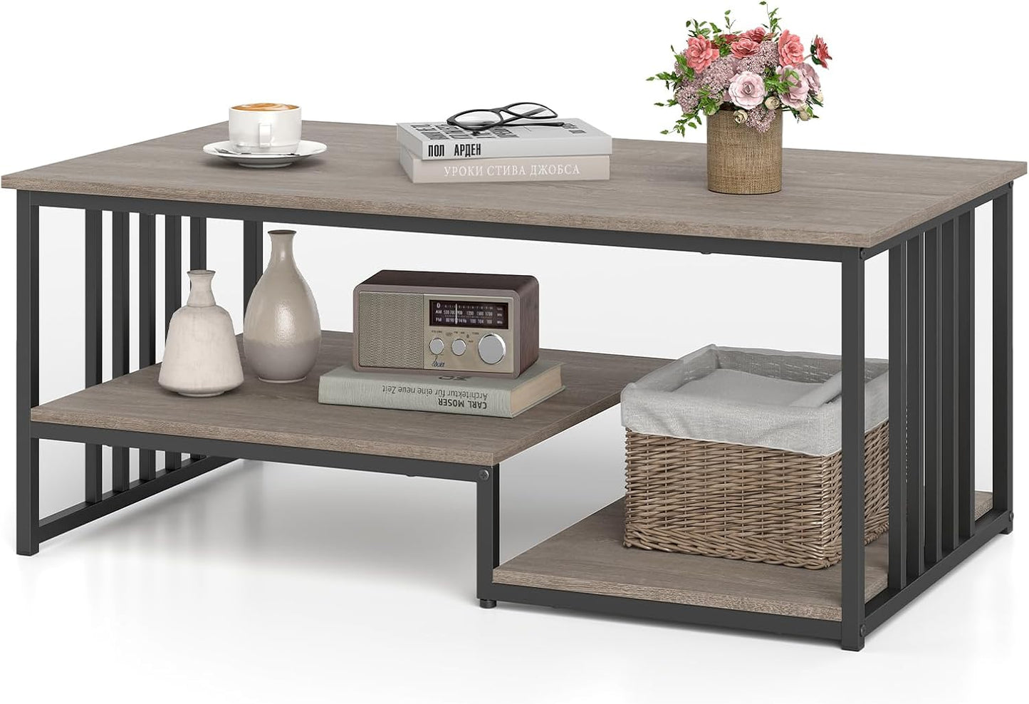 Faux Marble Coffee Table with Open Storage Shelf