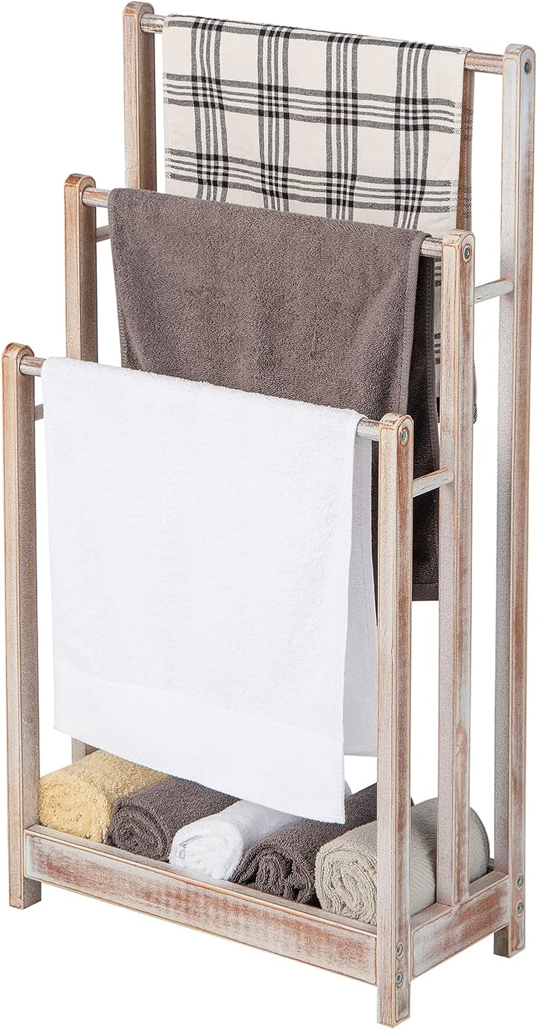Solid Wood Towel Holder Drying Stand with 3 Towel Rails and Storage Shelf