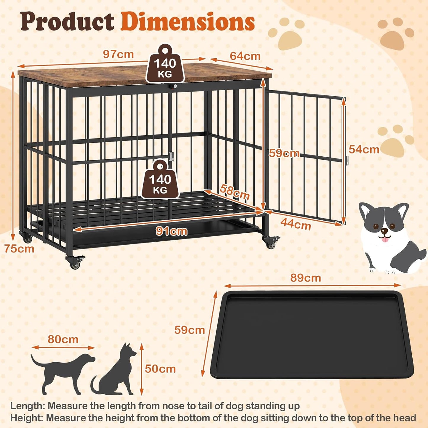 Dog Crate Furniture on Wheels, Foldable Dog Kennel Side Table with Lockable Door