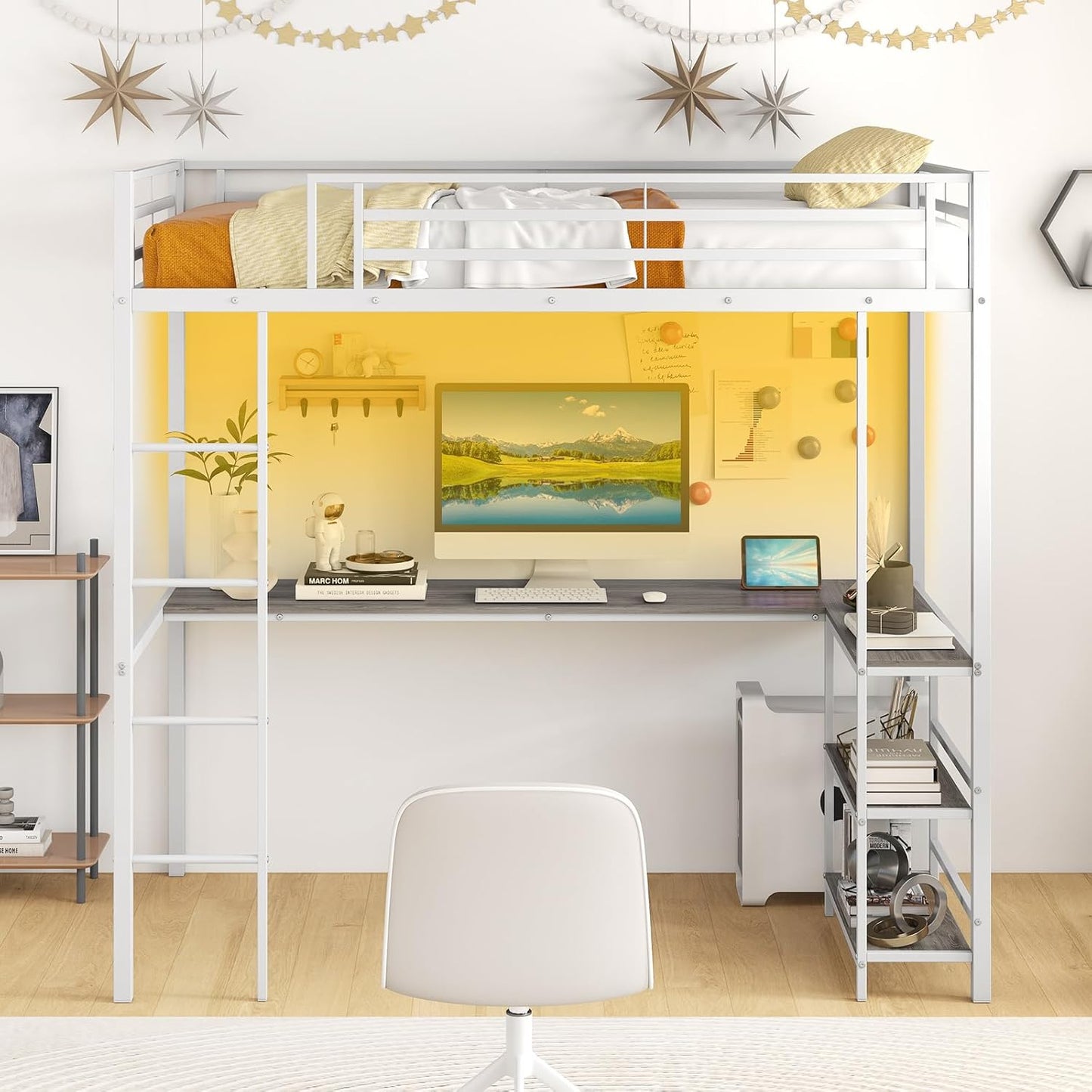 3FT Metal Frame Ladder Loft Bed with RGB LED Lights