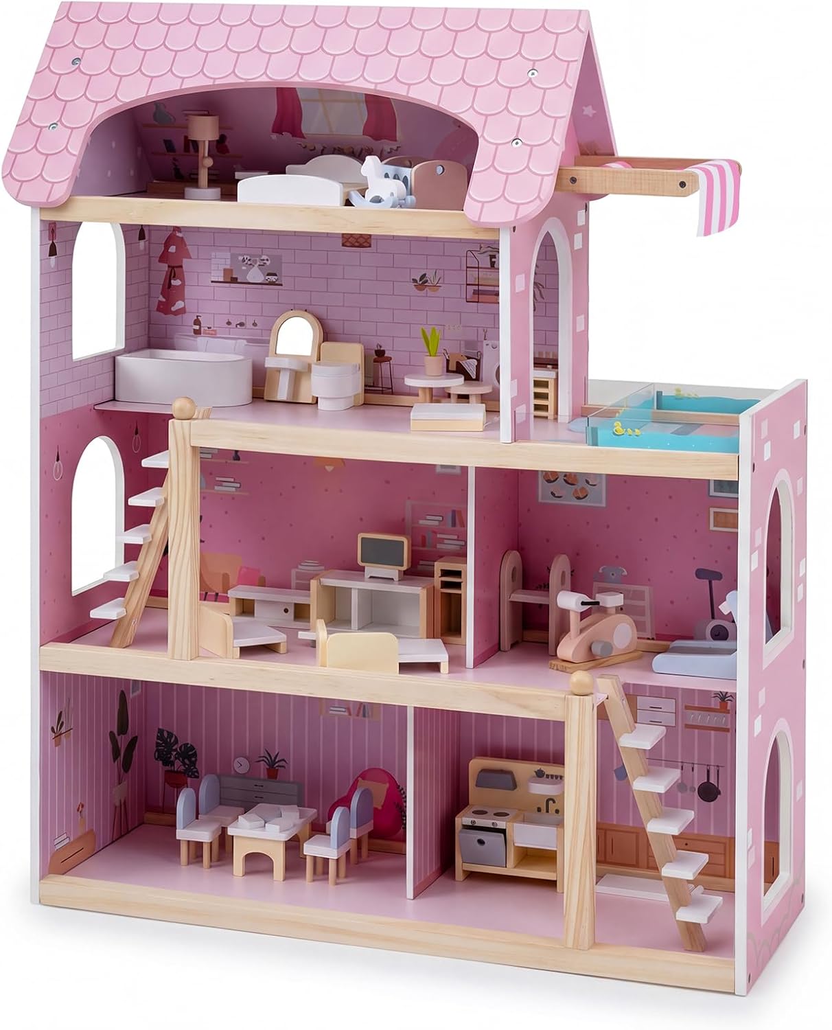 Wooden Dollhouse with 33 PCS Furniture Accessories for Girls and Boys