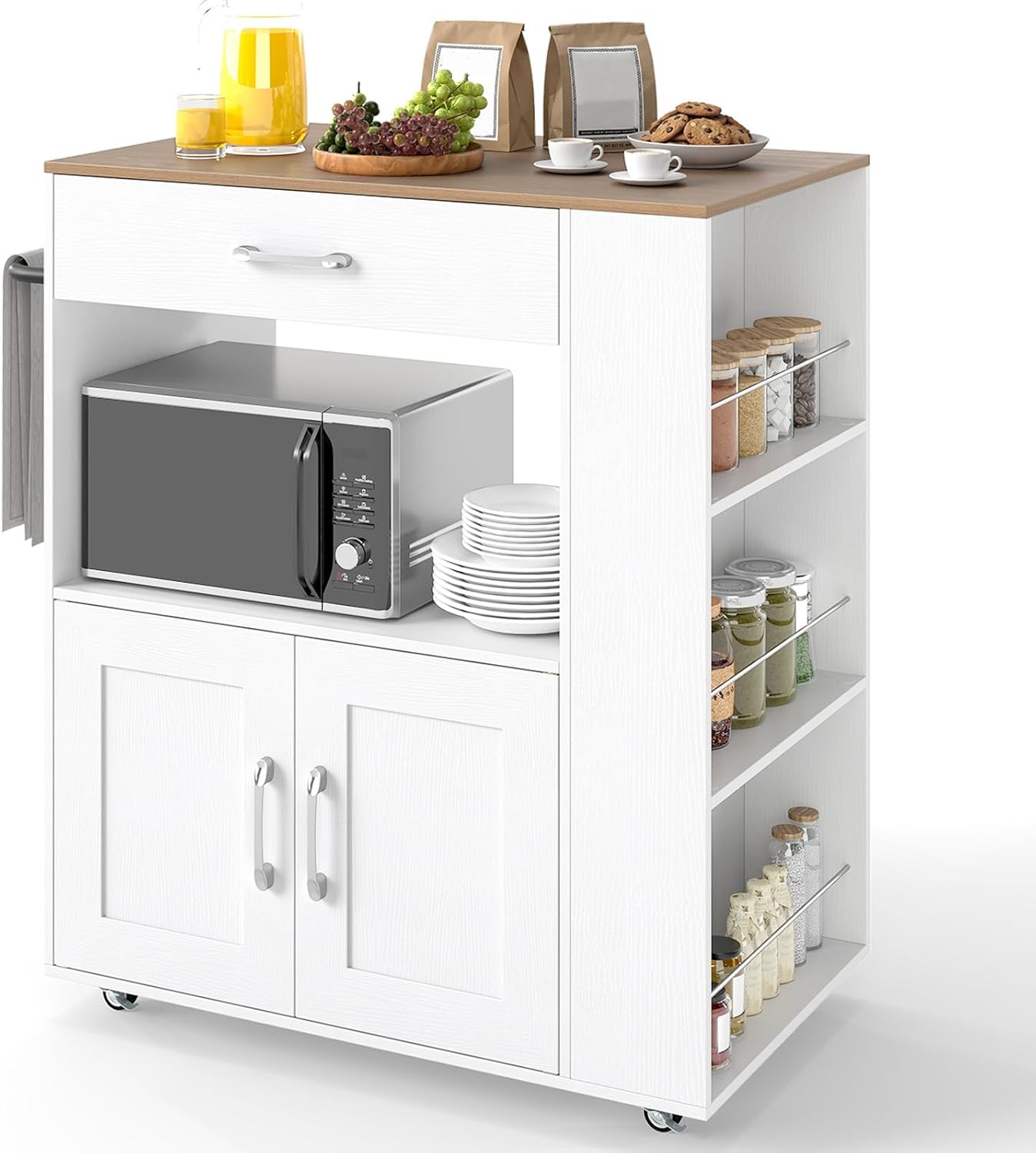 Kitchen Storage Trolley, Rolling Serving Island Cart with Towel Bar
