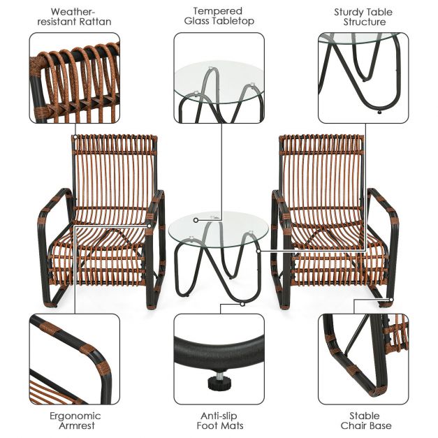 3 Piece Rattan Furniture Set with 2 Armchairs and Glass Coffee Table