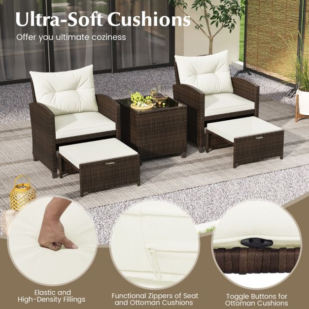 5 Piece Patio Rattan Furniture with 2 Ottomans and Tempered Glass Coffee Table