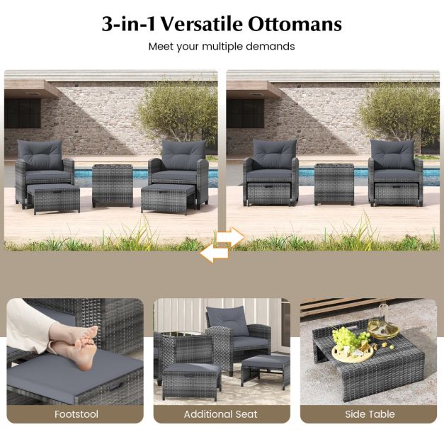 5 Piece Wicker Patio Furniture Set with 2 Cushioned Chairs and 2 Ottomans