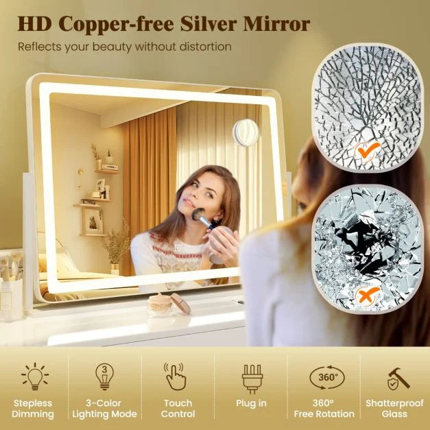 80 x 55 CM Large Vanity Mirror with Touch Control and 3-Color Lighting Mode