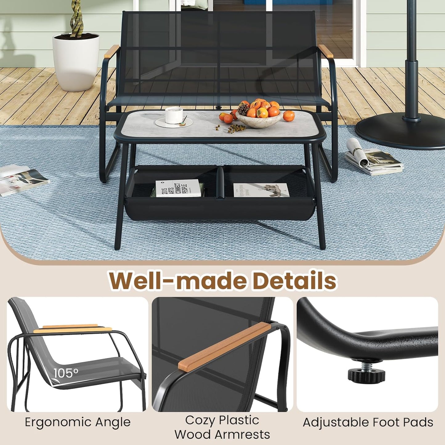 Giantex 2 Pieces Garden Furniture Set Outdoor Loveseat Bench and Coffee Table with 2 Storage Compartments