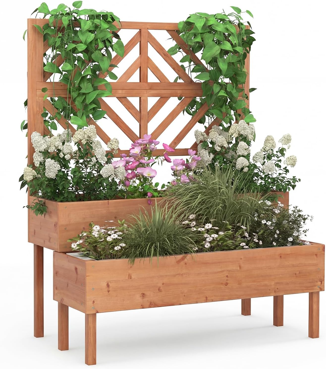 2-Tier Wooden Raised Garden Bed with Trellis and Drainage Holes