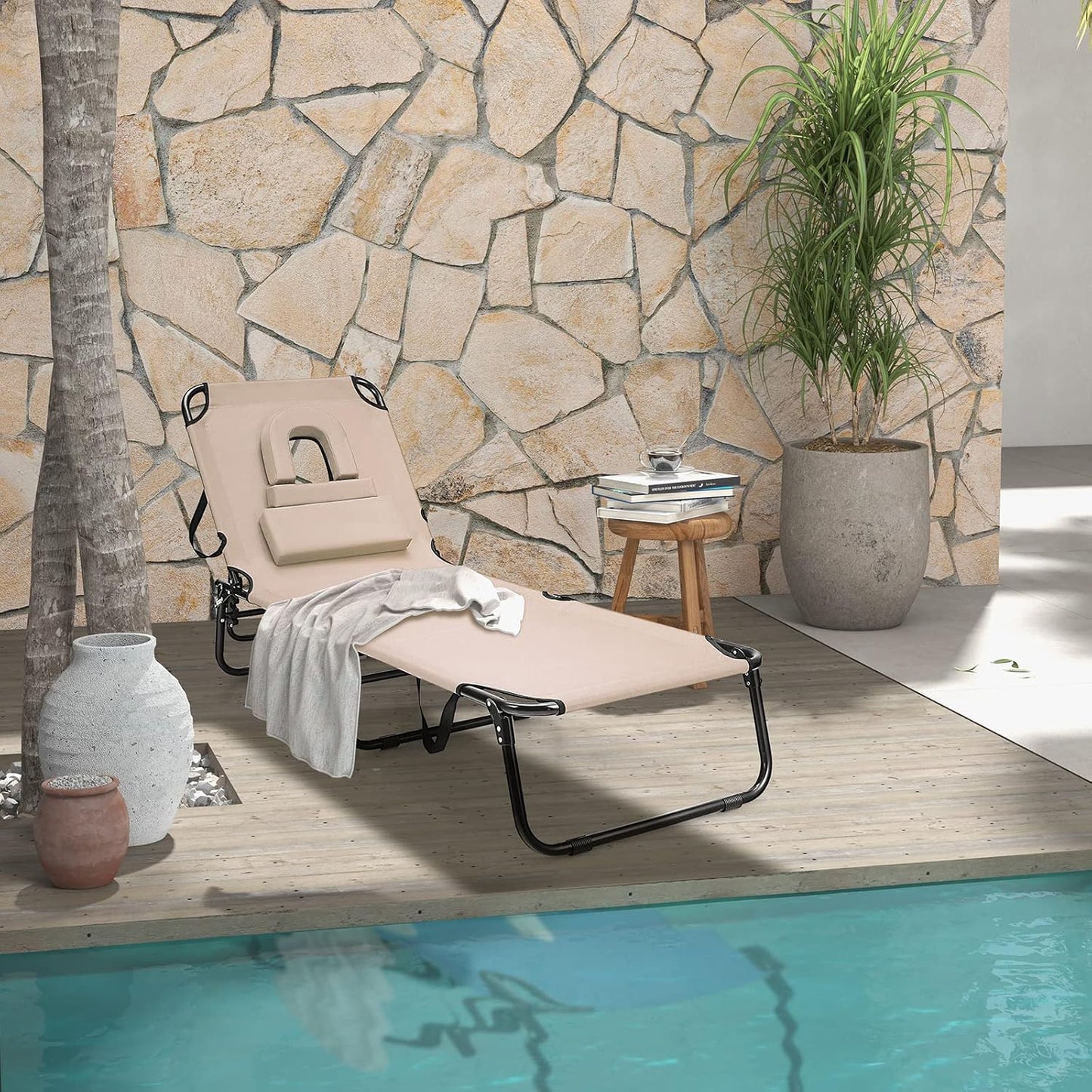 Folding Sun Lounger, 5-Position Adjustable Reclining Tanning Chair