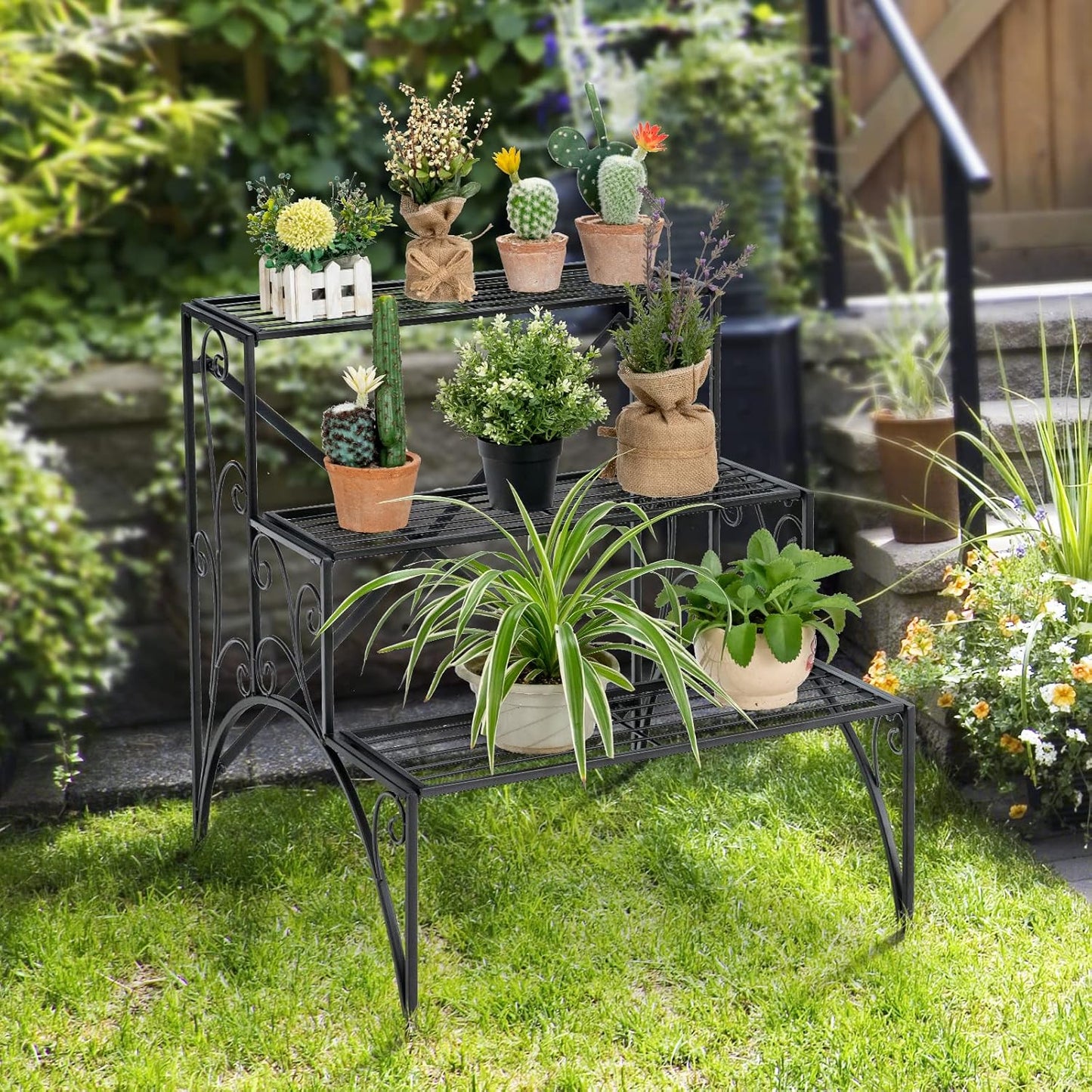 3 Tier Metal Plant Stand for Indoor Outdoor Balcony Garden Yard
