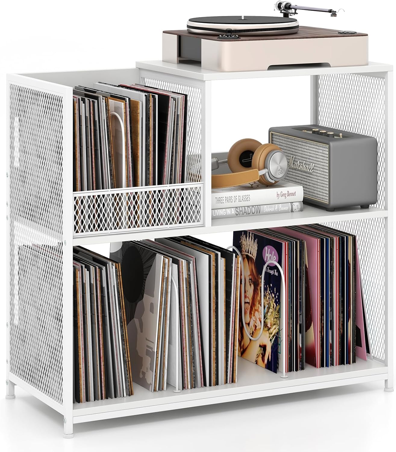 3-Tier Record Player Stand with Vinyl Storage and 3 Removable Dividers