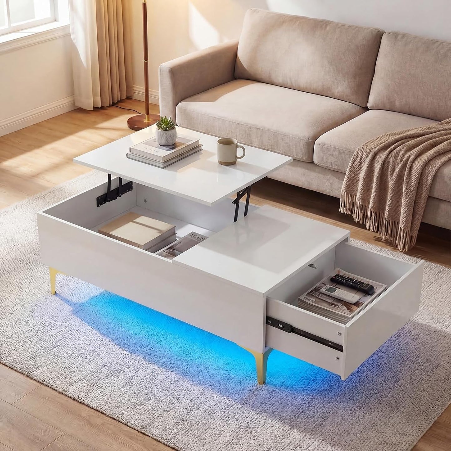 Lift Up Top Coffee Table with LED Lights, High Gloss Lifting Cocktail Center Table