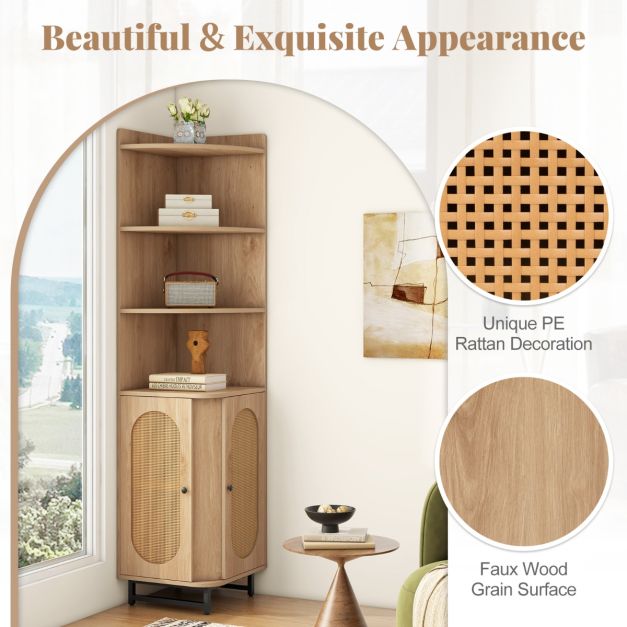 172 cm Tall PE Rattan Corner Cabinet with 2 Doors and 4 Open Shelves