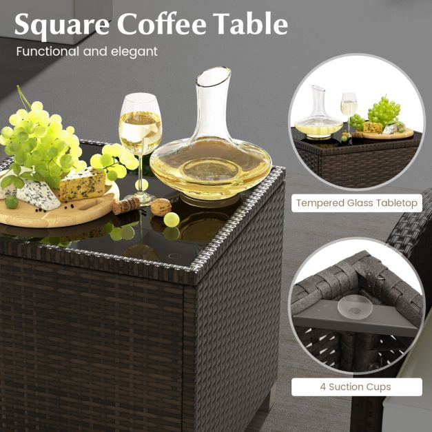 5 Piece Patio Rattan Furniture with 2 Ottomans and Tempered Glass Coffee Table