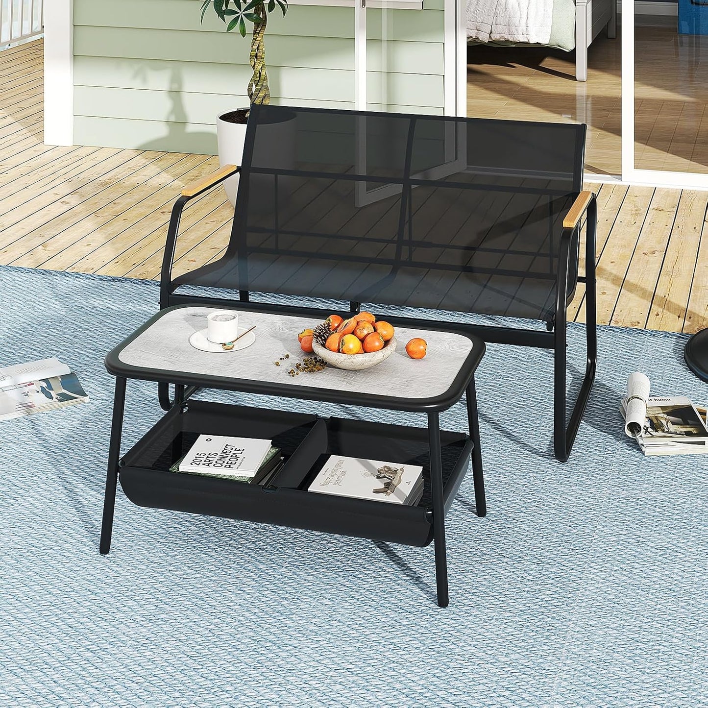 Giantex 2 Pieces Garden Furniture Set Outdoor Loveseat Bench and Coffee Table with 2 Storage Compartments