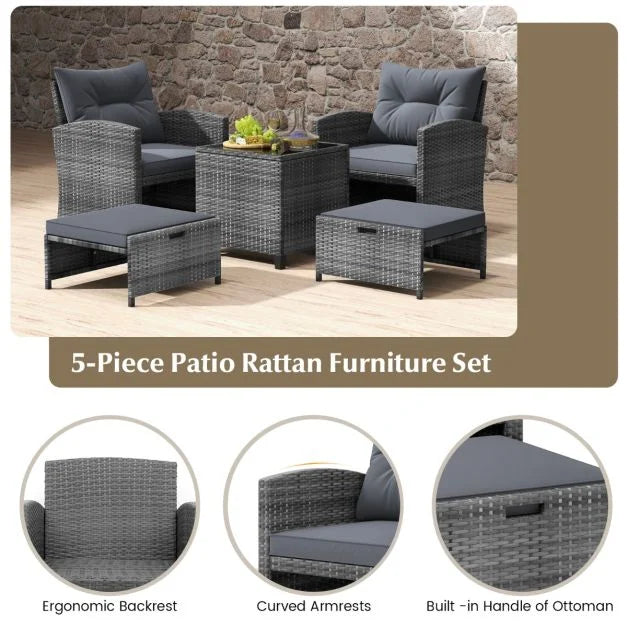 5 Piece Wicker Patio Furniture Set with 2 Cushioned Chairs and 2 Ottomans
