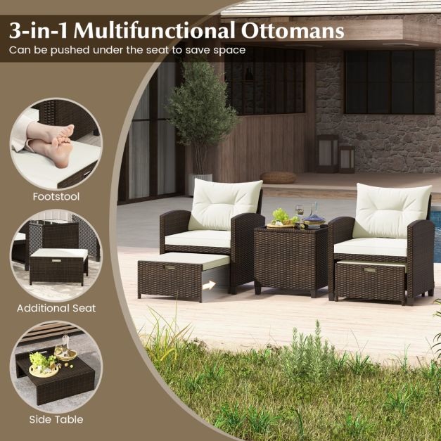5 Piece Patio Rattan Furniture with 2 Ottomans and Tempered Glass Coffee Table
