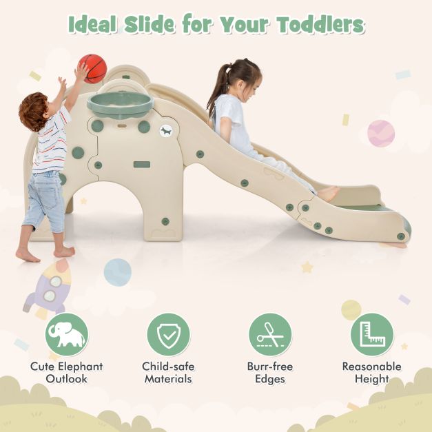 Kids Play Slide with Cute Elephant Shape & Basketball Hoop