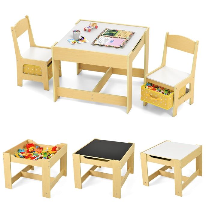 Kids Table Chair Set, Double Side Tabletop Table and 2Pcs Chairs with Storage Box