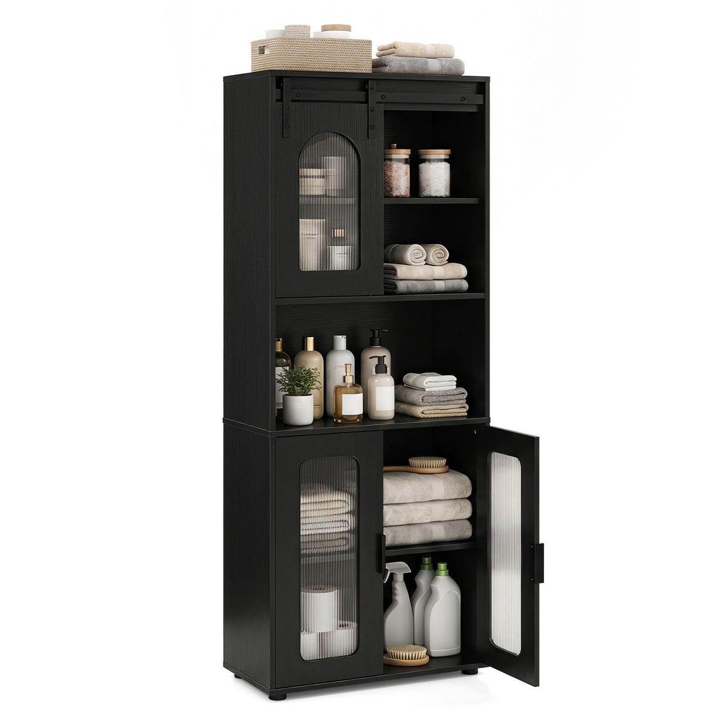 Bathroom Floor Cabinet with Shelves and Sliding Barn Door
