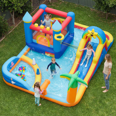Beach-Themed Inflatable Water Slide with Climbing Wall